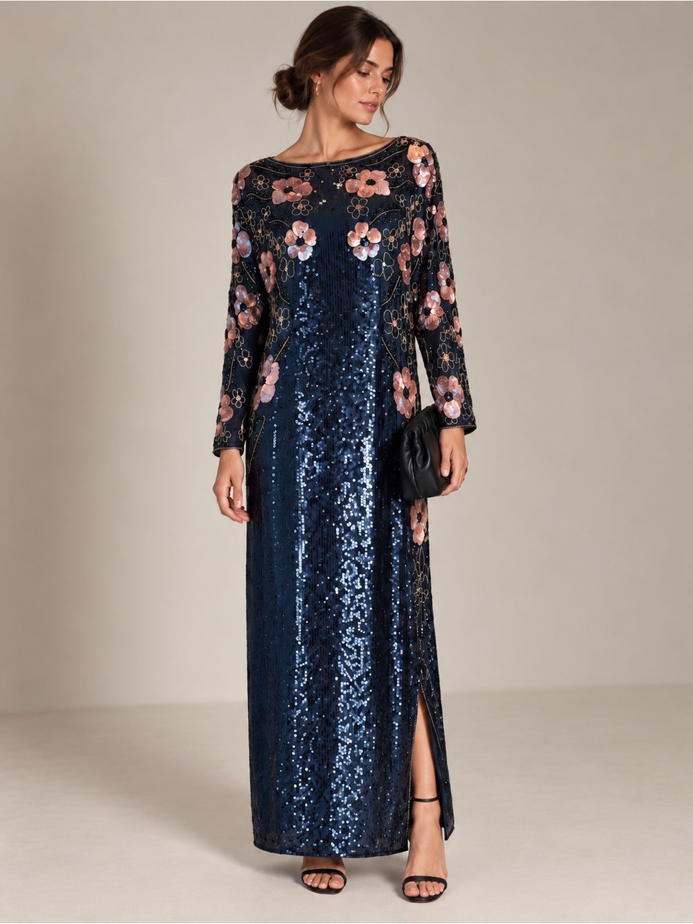 Vintage 90s Silk Beaded Sequin Floral Dress Navy Pink Size L